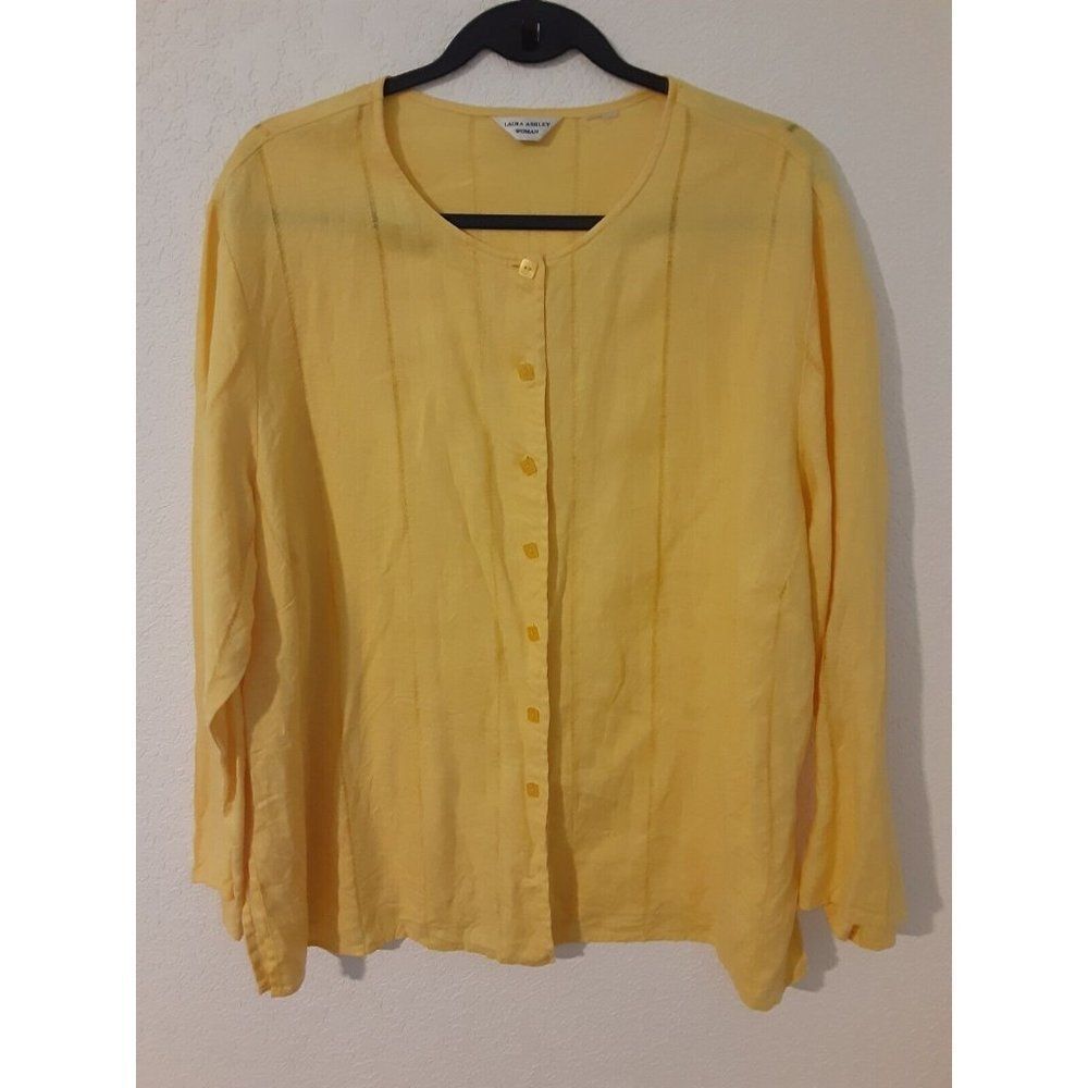 Laura Ashley Women's Linen Square Button Front Top blouse Yellow
